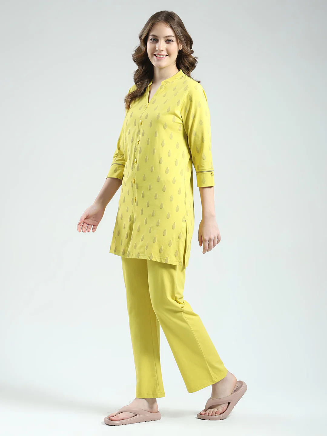 Women Yellow Printed Round Neck 3/4th Sleeve Lower Set - Image 3