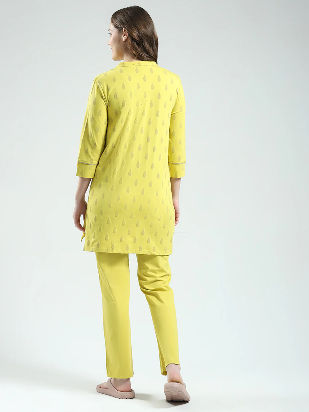 Women Yellow Printed Round Neck 3/4th Sleeve Lower Set - Image 5