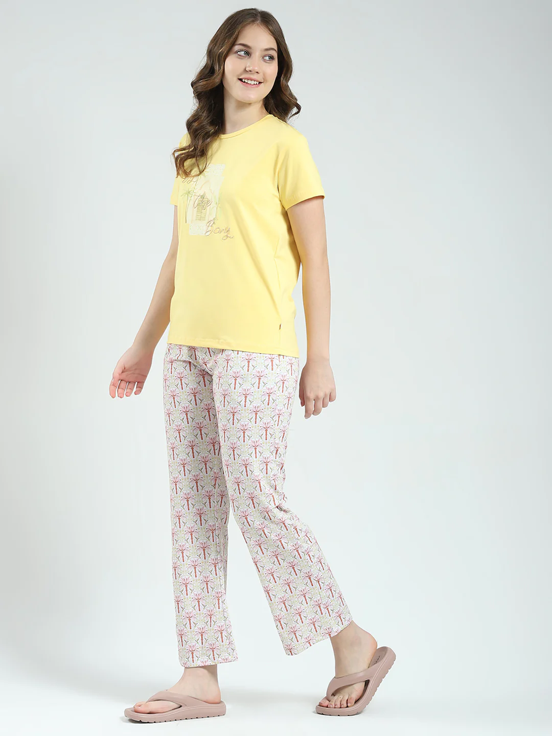 Women Yellow Printed Round Neck Half Sleeve Lower Set - Image 3