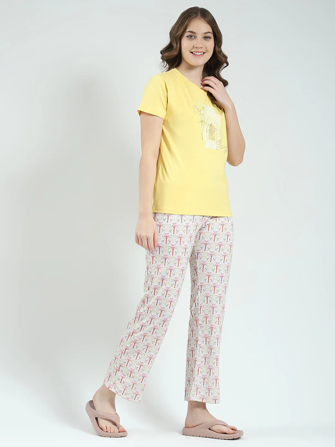 Women Yellow Printed Round Neck Half Sleeve Lower Set - Image 4