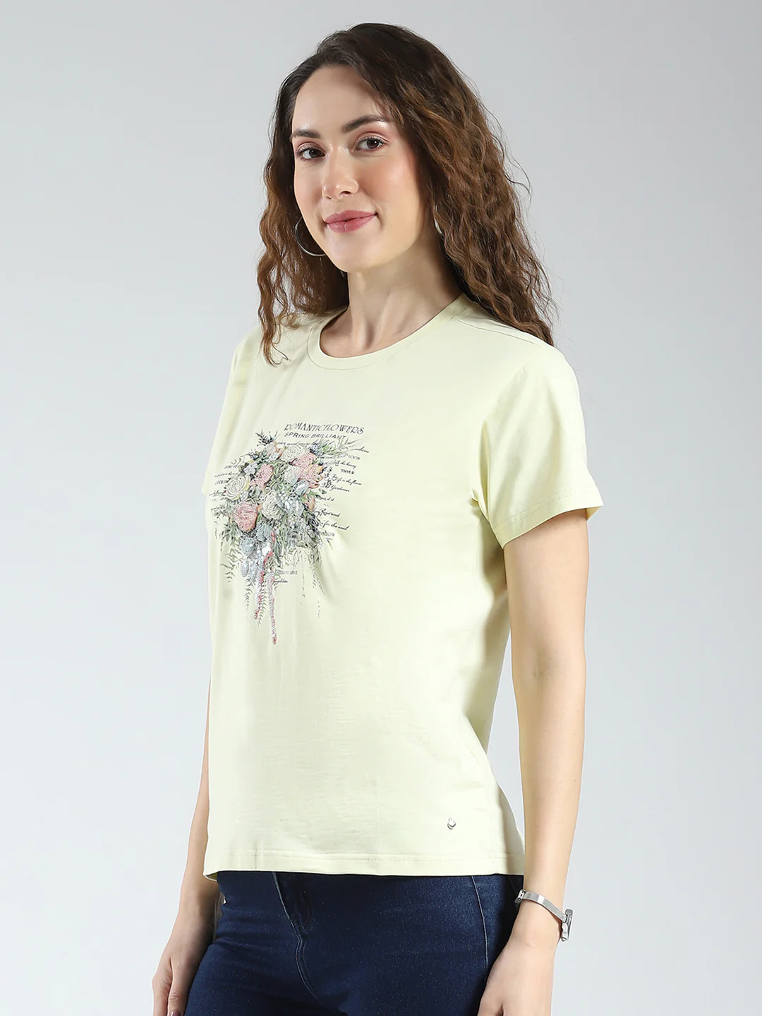 Women Yellow Printed Round Neck Half Sleeve Top - Image 3