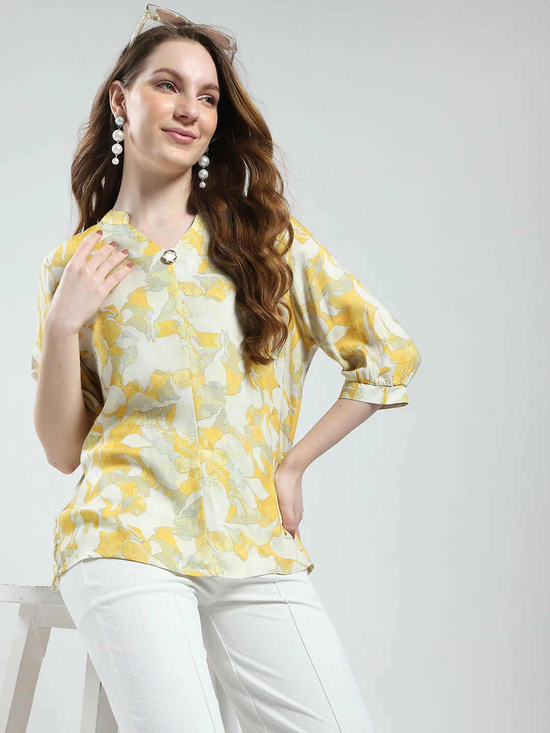 Women Yellow Printed V Neck Half Sleeve Top - Image 6