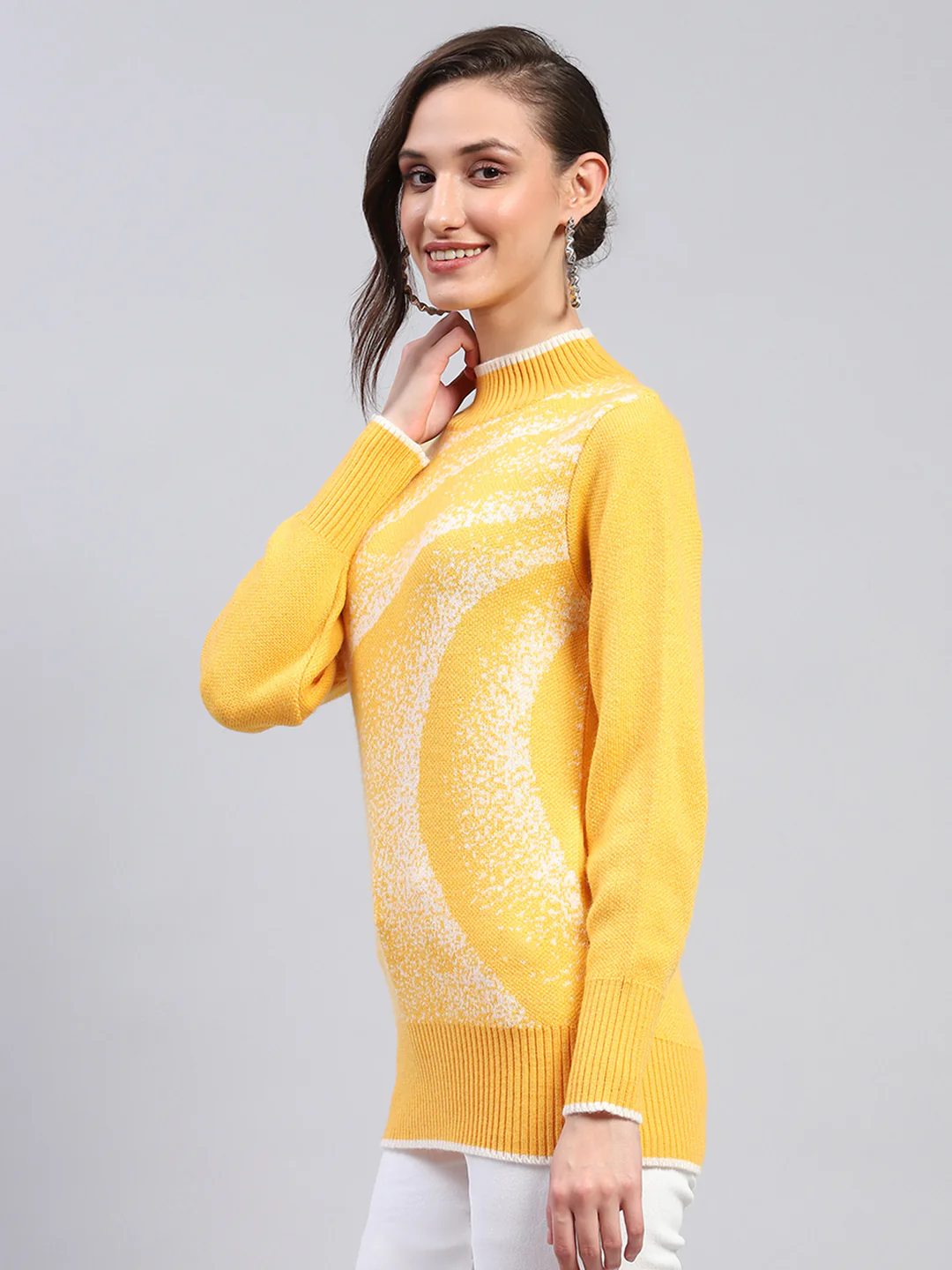 Women Yellow Self Design Band Collar Full Sleeve Winter Tops - Image 3