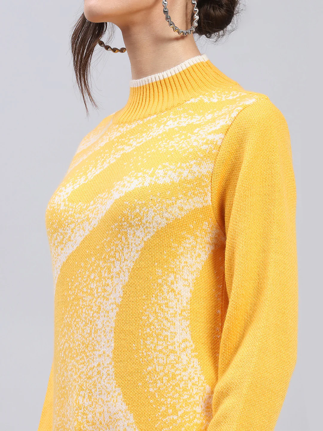 Women Yellow Self Design Band Collar Full Sleeve Winter Tops - Image 6