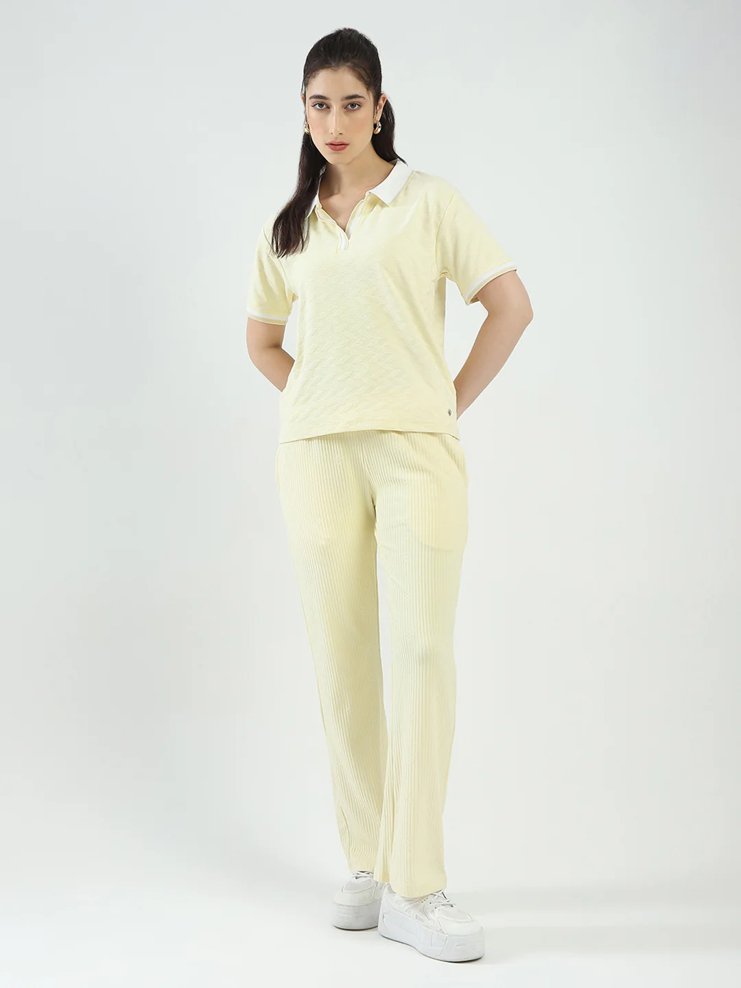 Women Yellow Self Design Collar Half Sleeve Cords Set - Image 3