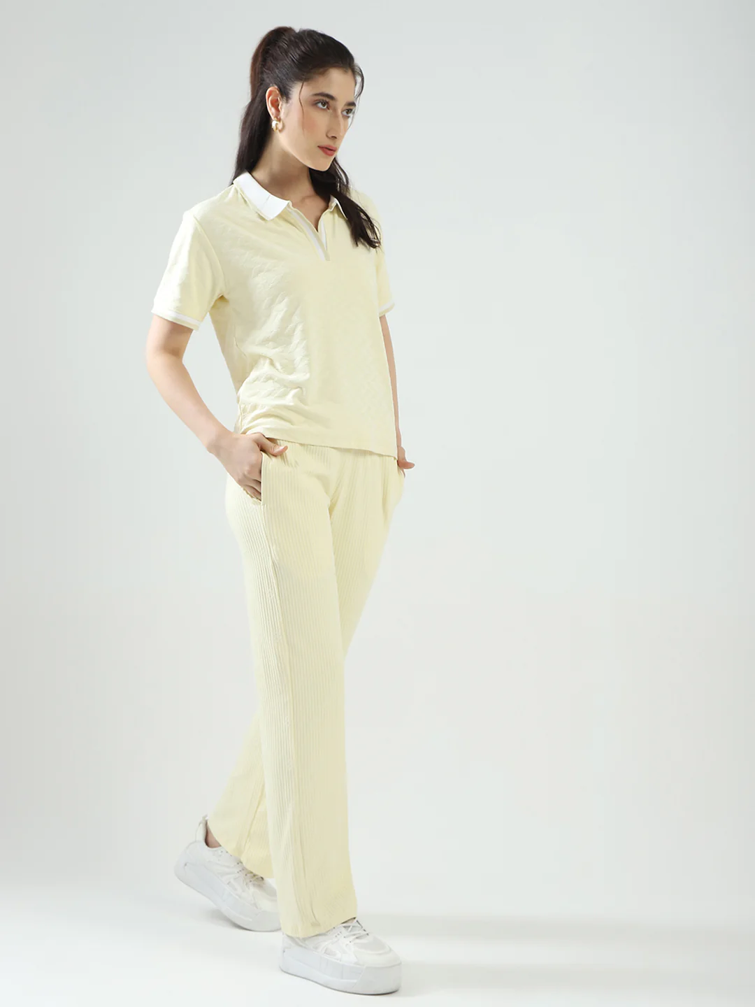 Women Yellow Self Design Collar Half Sleeve Cords Set - Image 5
