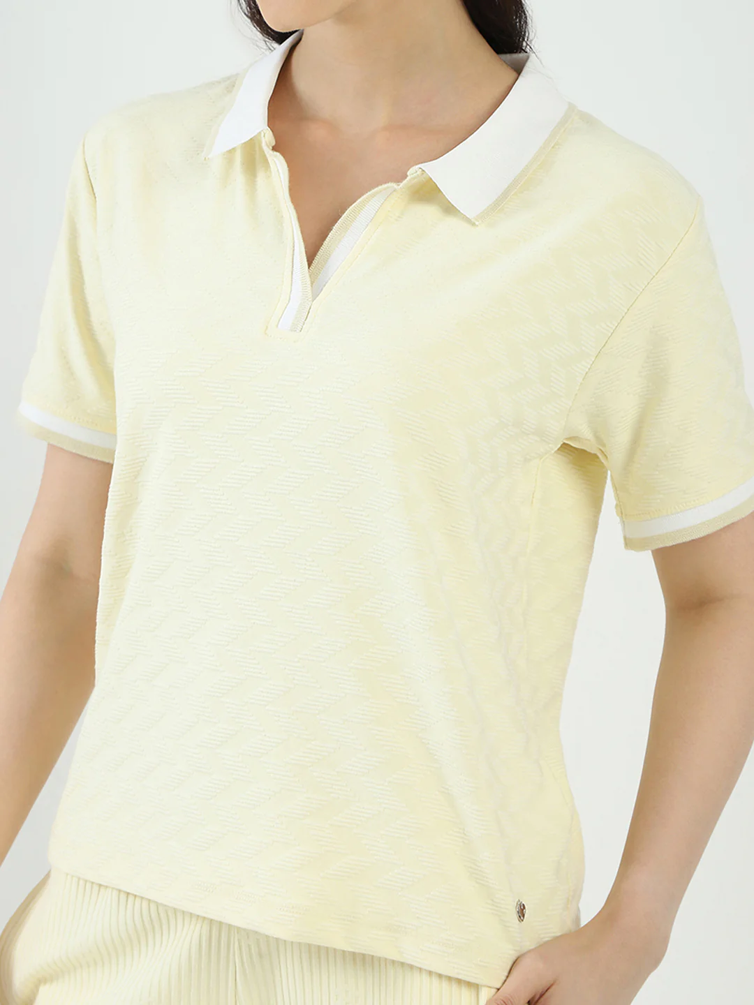 Women Yellow Self Design Collar Half Sleeve Cords Set - Image 7