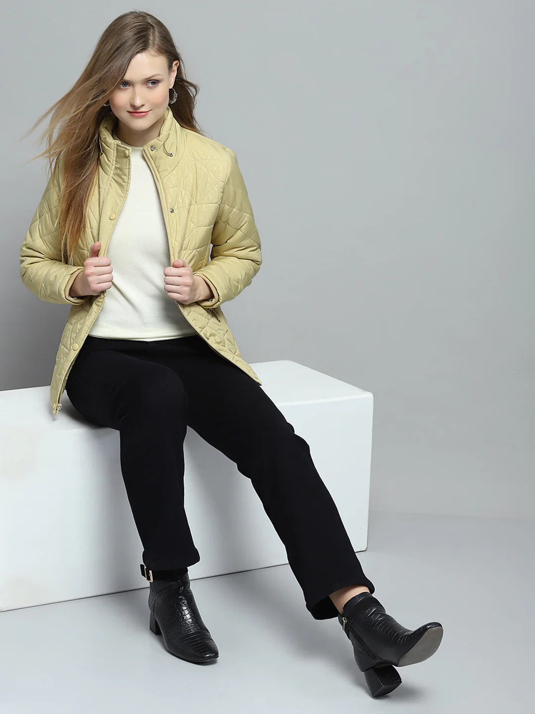 Women Yellow Self Design Mock Neck Full Sleeve Jacket - Image 2