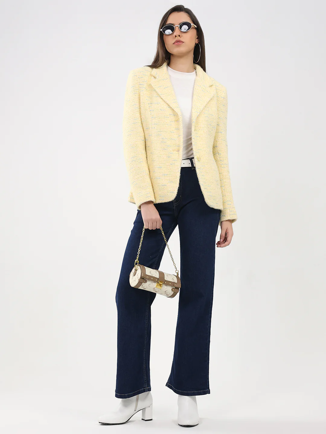 Women Yellow Self Design Notch Lapel Collar Full Sleeve Coat - Image 2