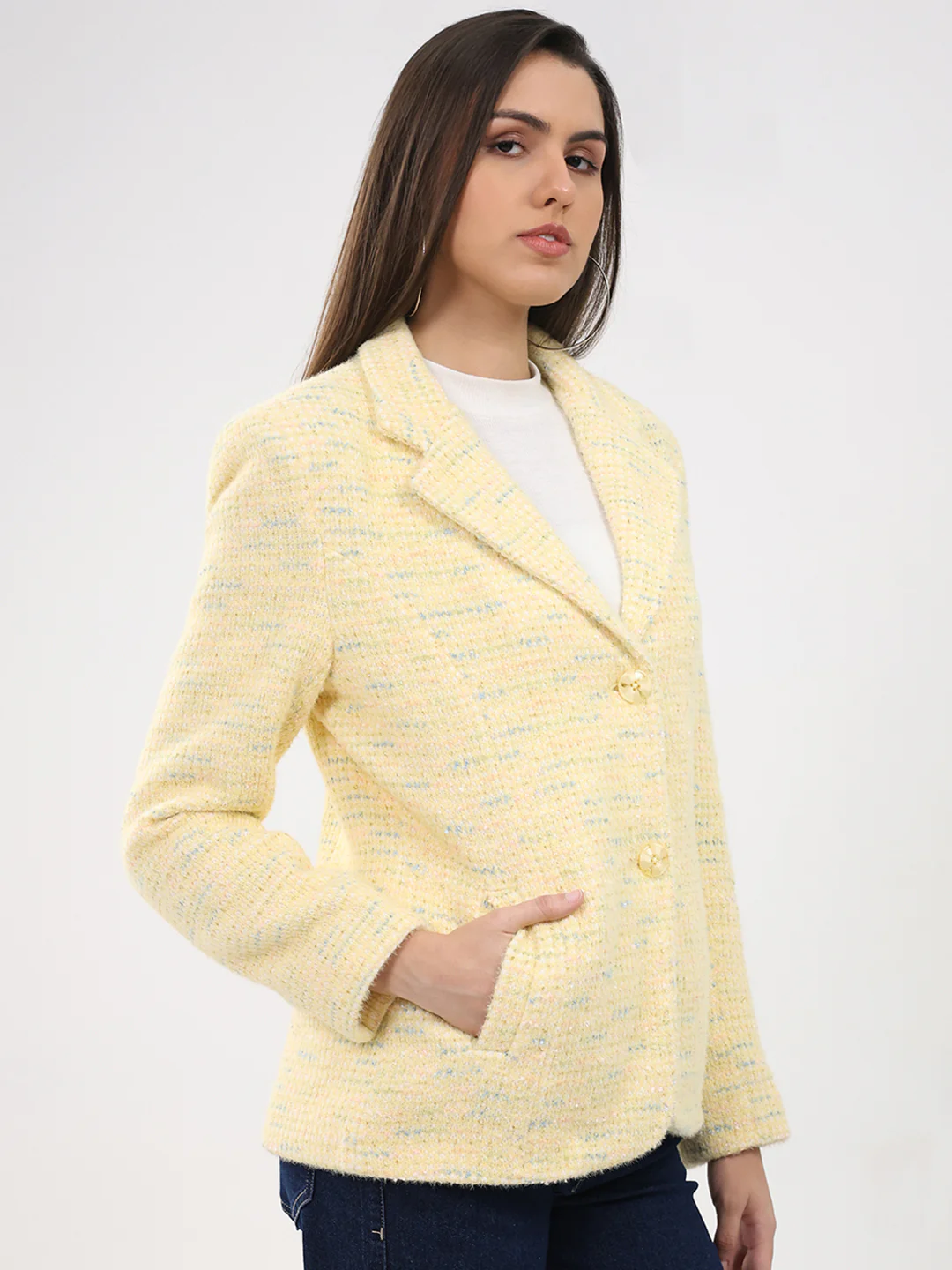Women Yellow Self Design Notch Lapel Collar Full Sleeve Coat - Image 4