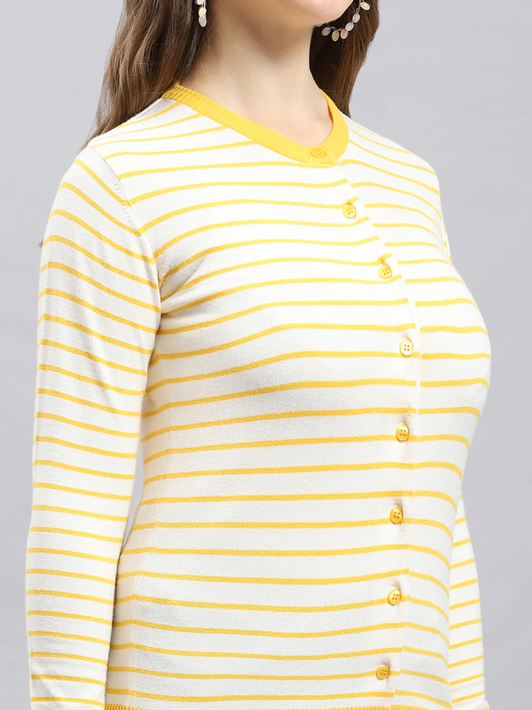 Women Yellow Self Design Round Neck Full Sleeve Cardigan - Image 6