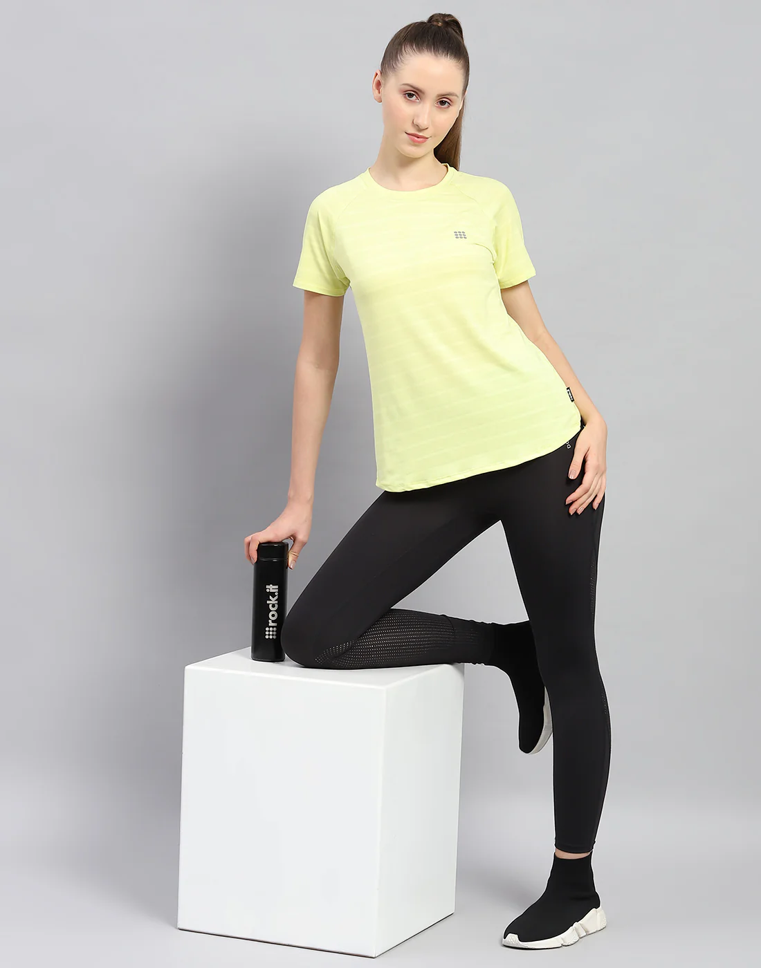 Rock.it Women Yellow Self Design Round Neck Half Sleeve Top - Image 2
