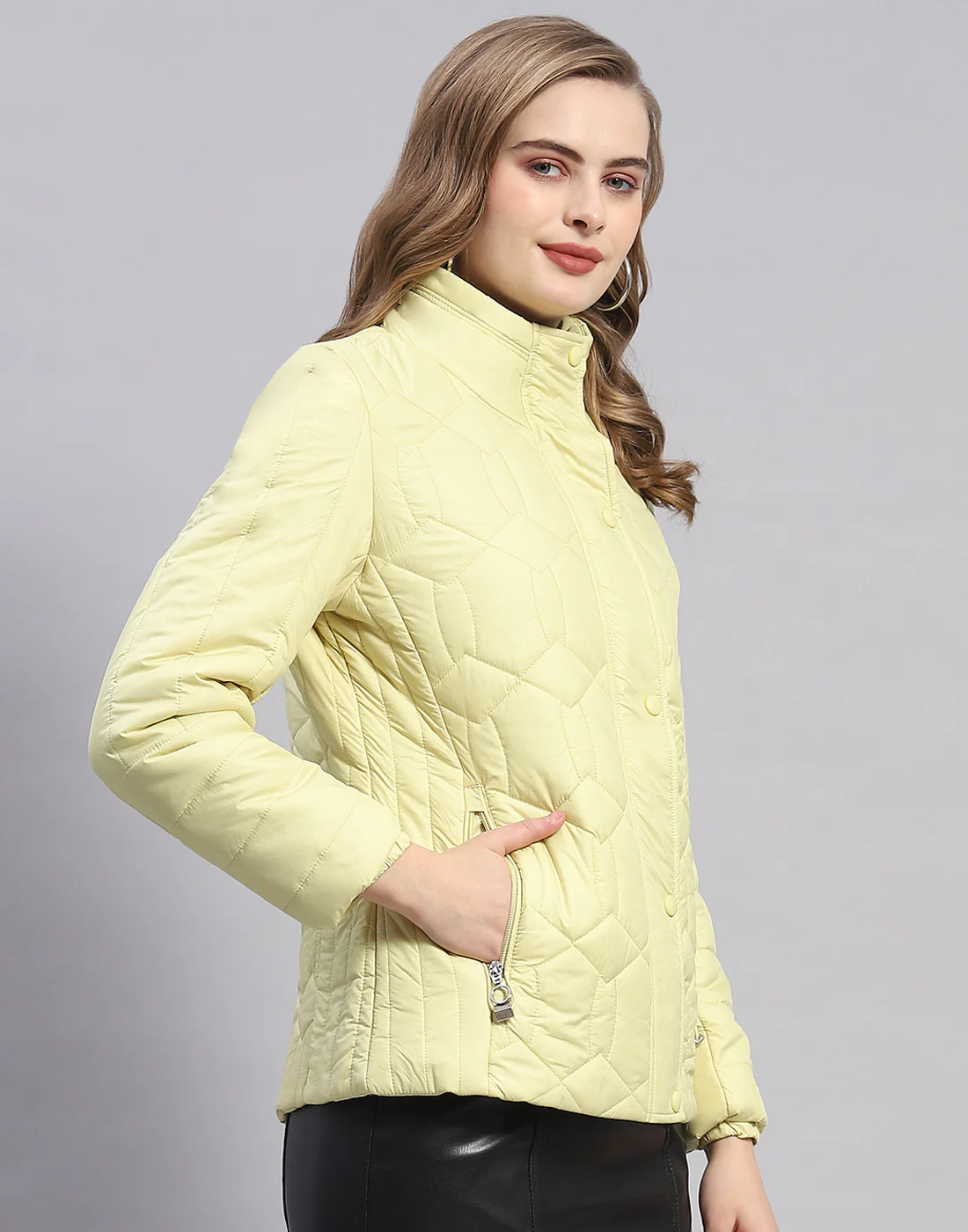 Women Yellow Self Design Stand Collar Full Sleeve Jacket - Image 4