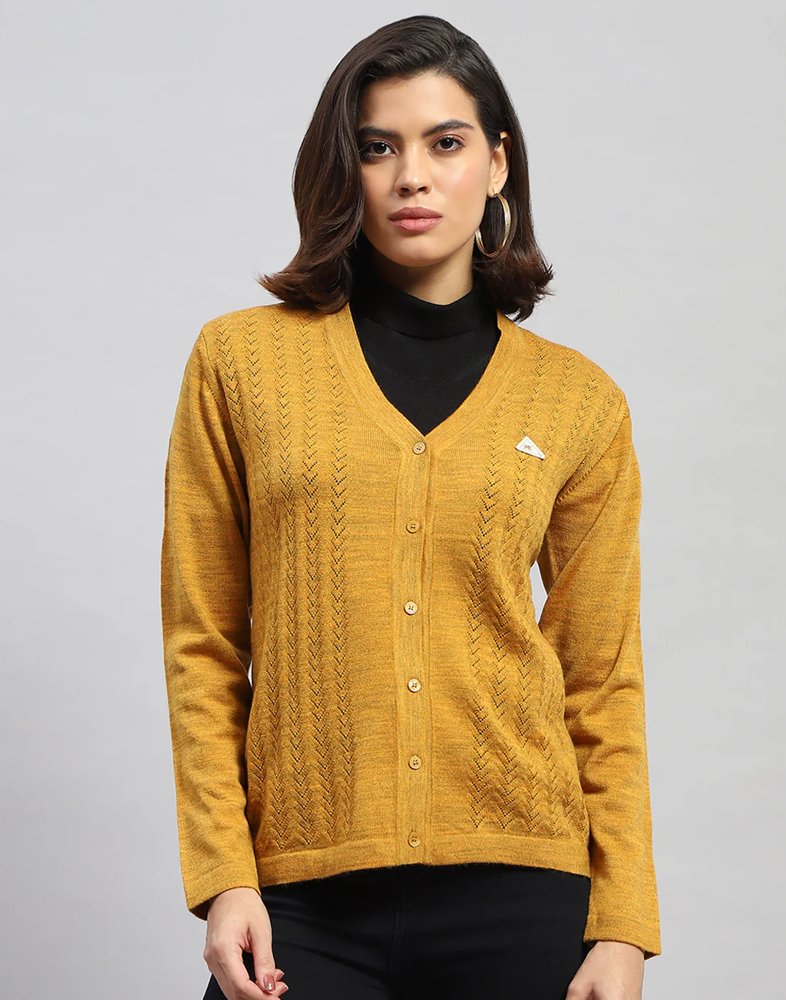 Women Yellow Self Design V Neck Full Sleeve Cardigan - Image 2