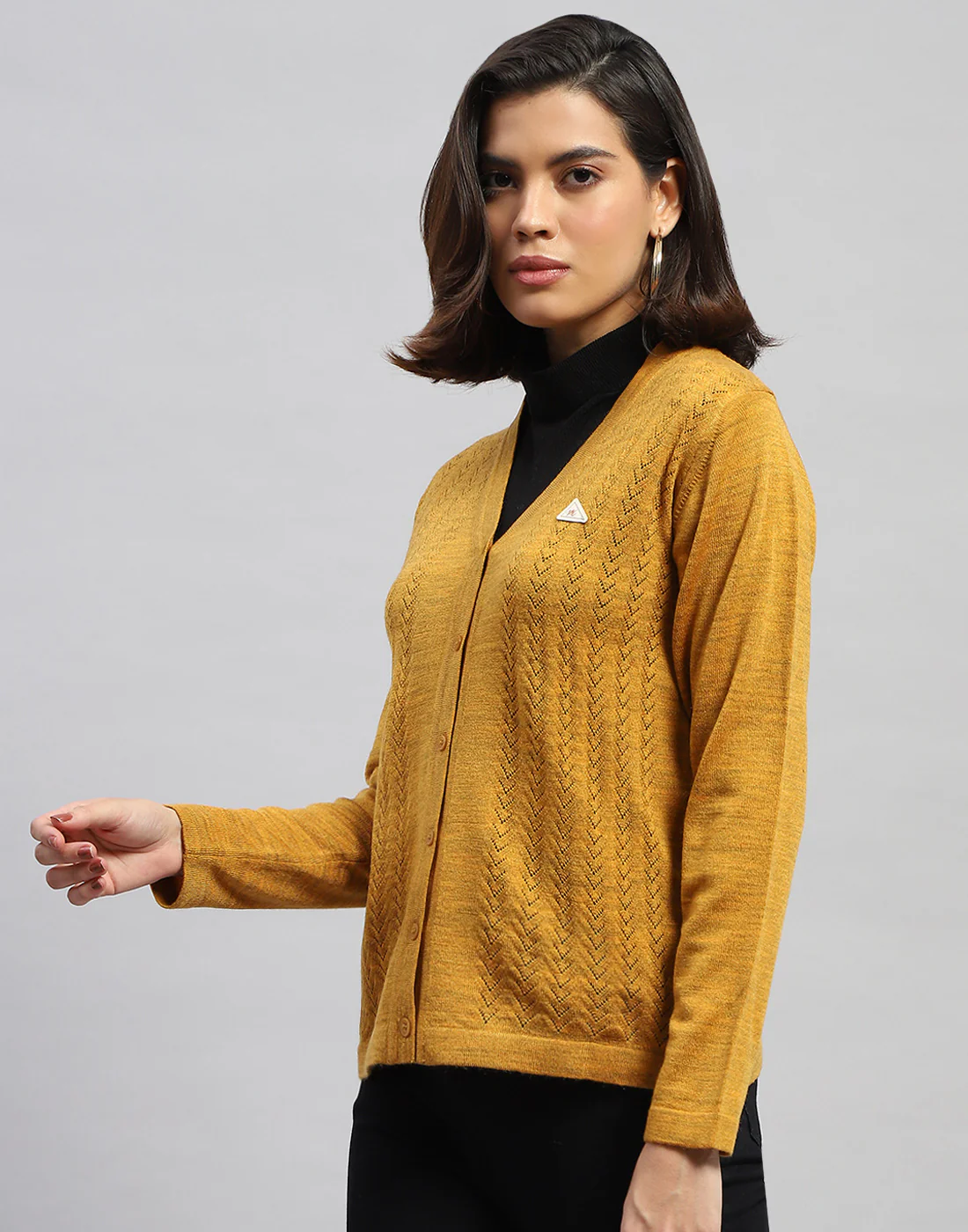Women Yellow Self Design V Neck Full Sleeve Cardigan - Image 3
