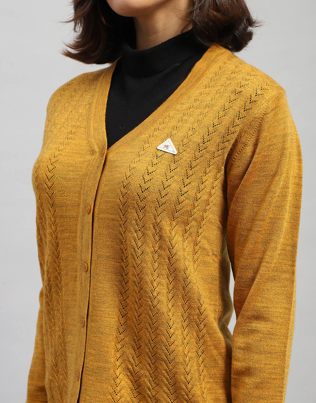 Women Yellow Self Design V Neck Full Sleeve Cardigan - Image 6