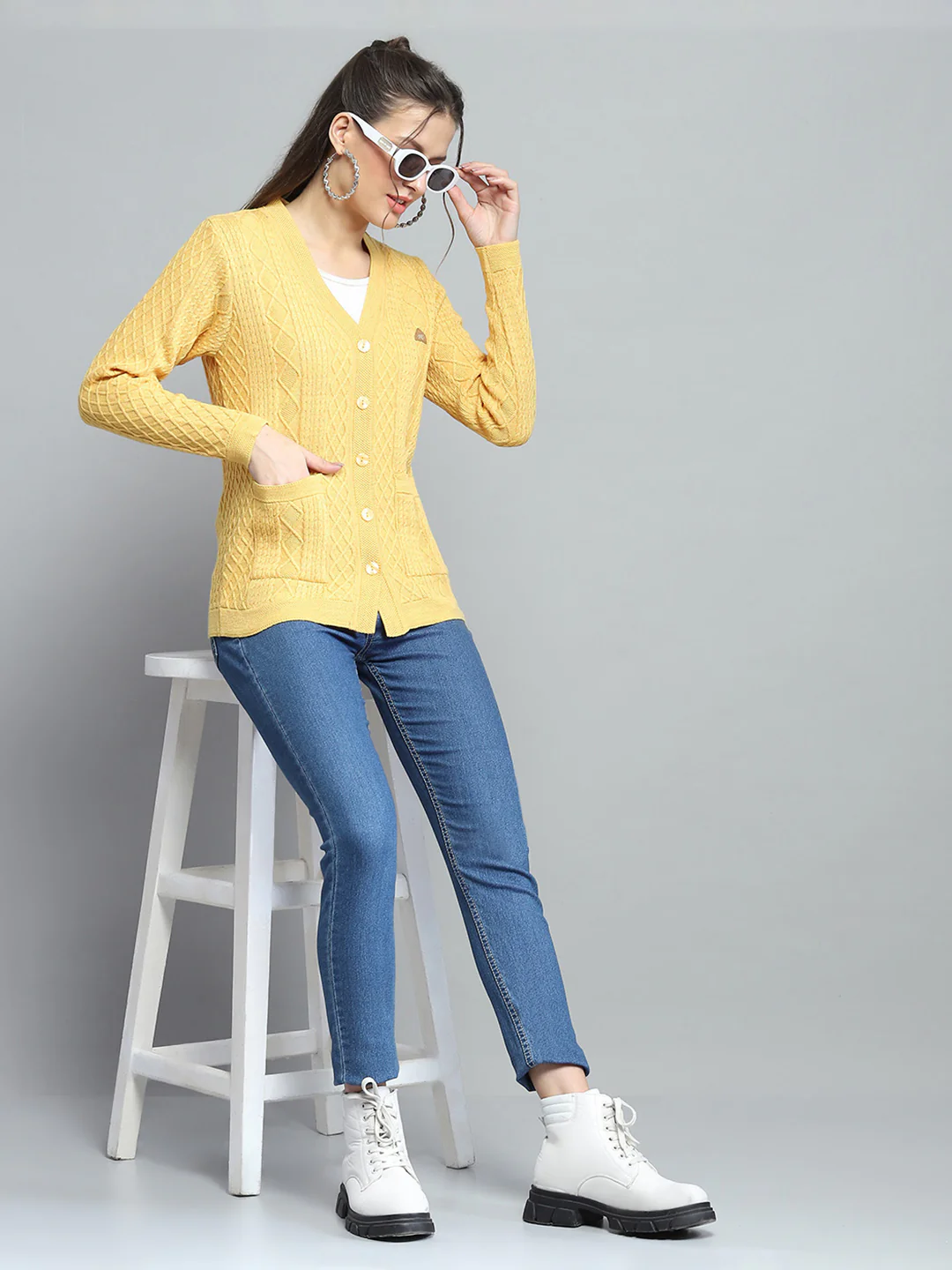 Women Yellow Self Design V Neck Full Sleeve Cardigan - Image 2
