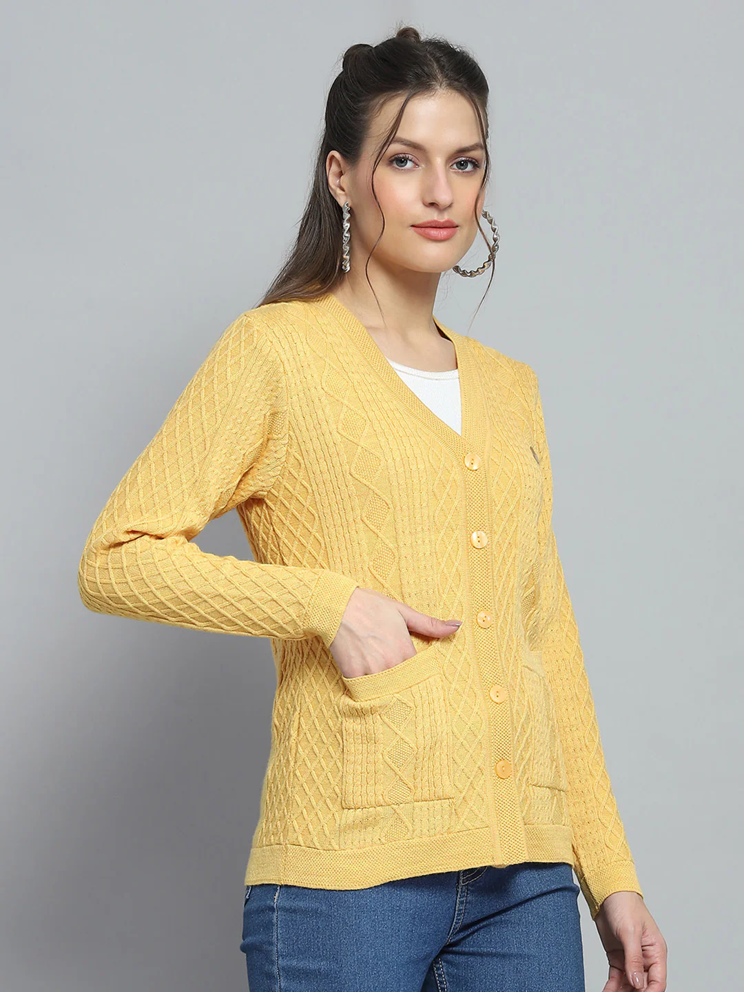 Women Yellow Self Design V Neck Full Sleeve Cardigan - Image 4