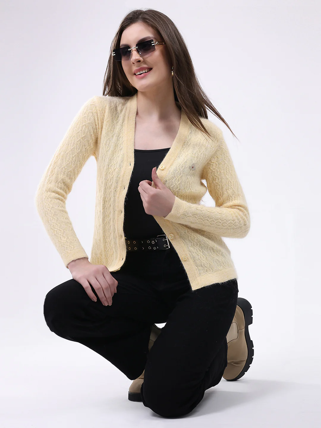 Women Yellow Self Design V Neck Full Sleeve Cardigan - Image 2