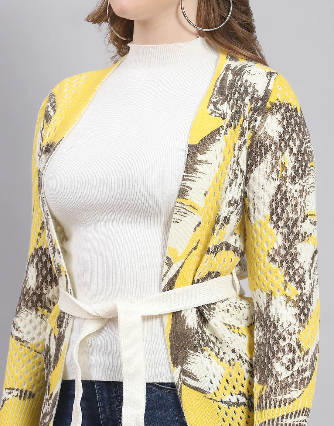 Women Yellow Self Design V Neck Full Sleeve Cardigan - Image 6