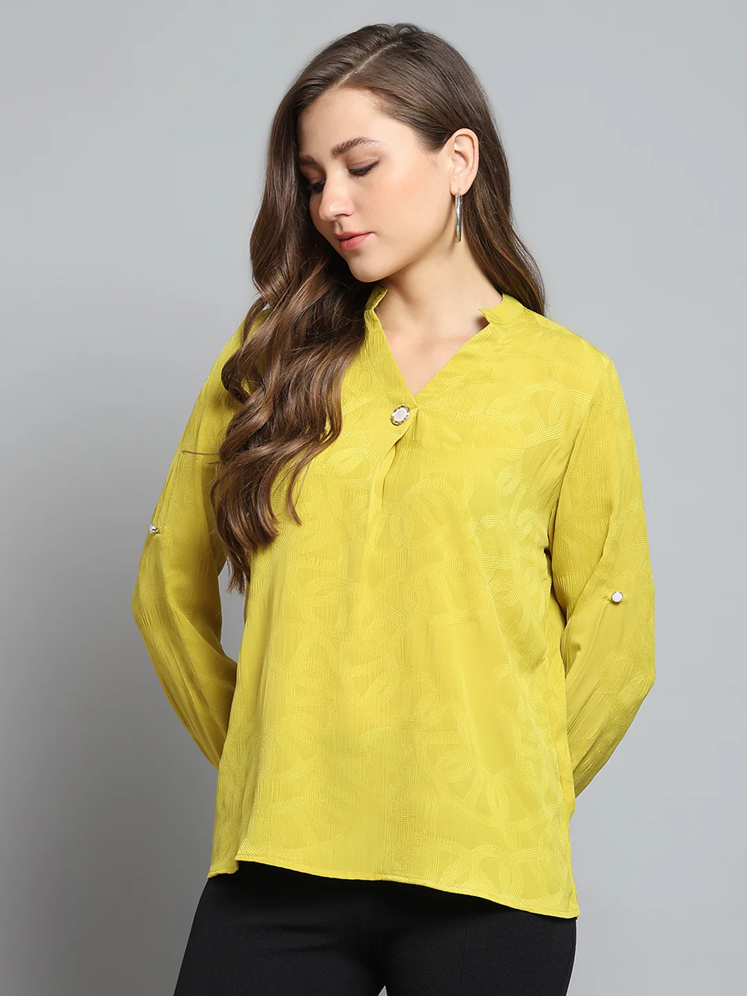 Women Yellow Self Design V Neck Full Sleeve Top - Image 3