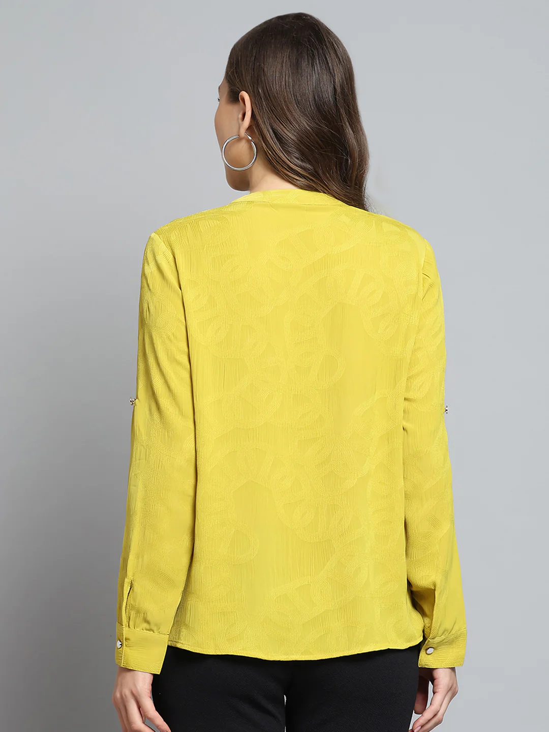 Women Yellow Self Design V Neck Full Sleeve Top - Image 5