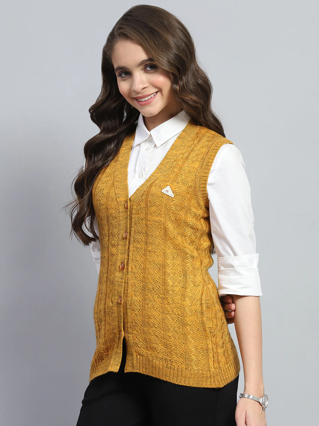 Women Yellow Self Design V Neck Sleeveless Cardigan - Image 3
