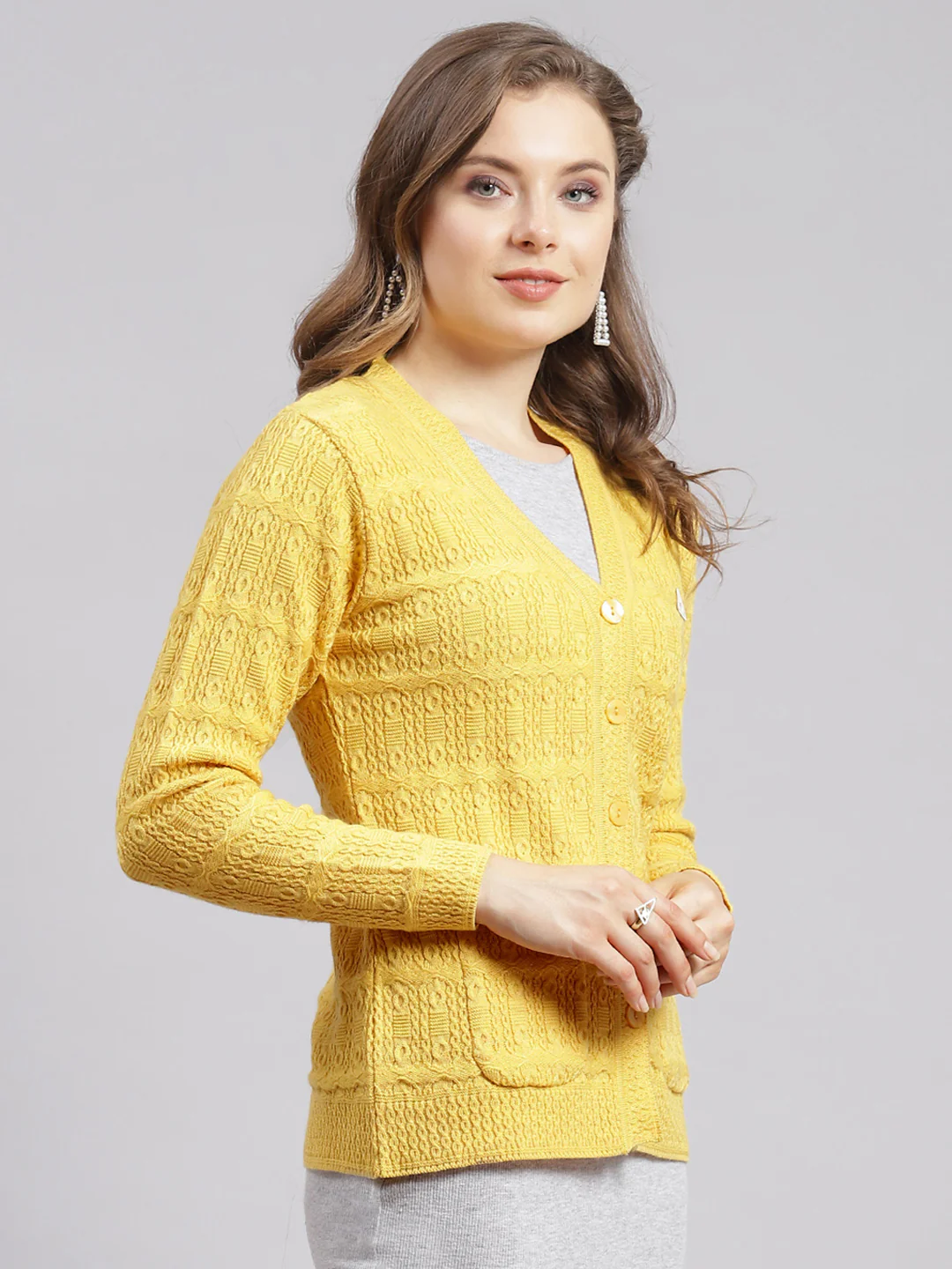 Women Yellow Self Design Wool blend Cardigan - Image 2