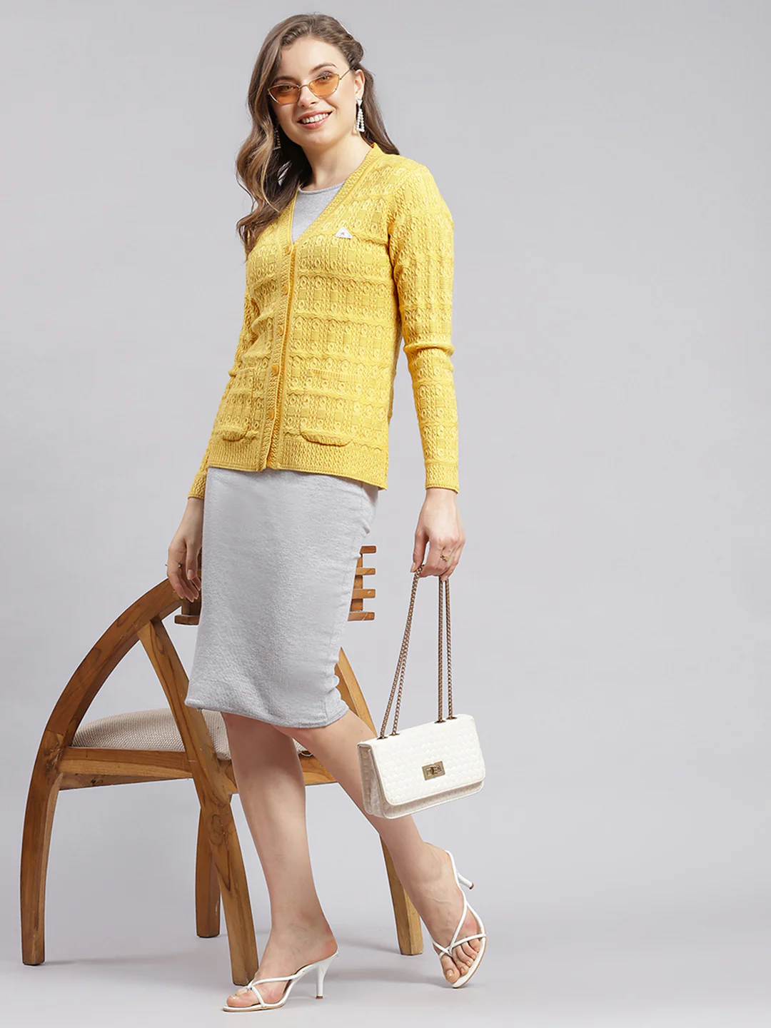 Women Yellow Self Design Wool blend Cardigan - Image 5