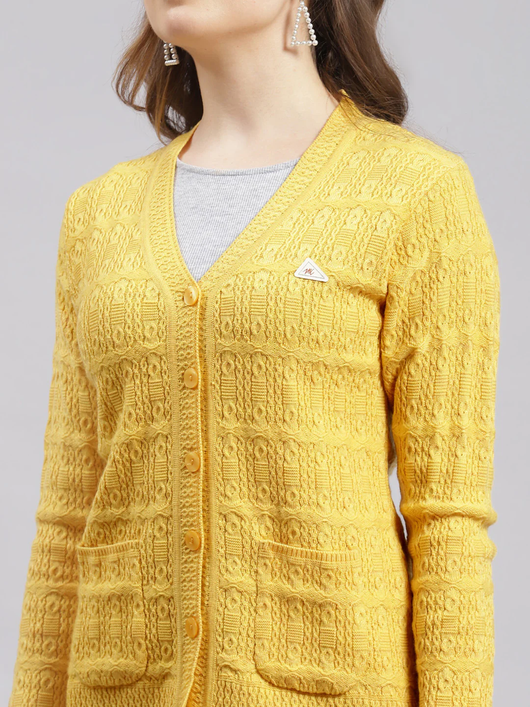 Women Yellow Self Design Wool blend Cardigan - Image 6