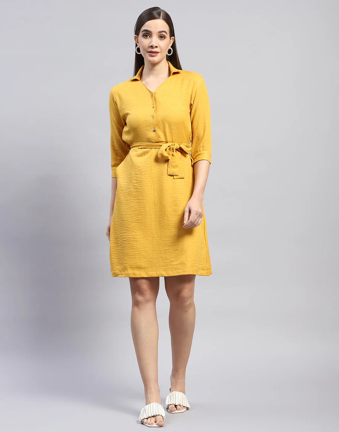 Women Yellow Solid Collar 3/4 Sleeve Tunic - Image 3