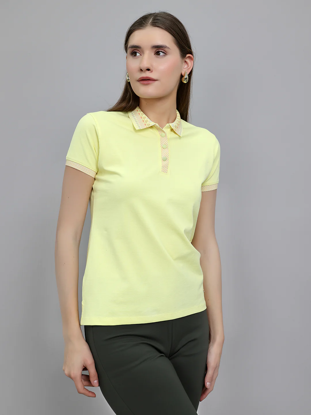 Women Yellow Solid Collar Half Sleeve T-Shirt - Image 3