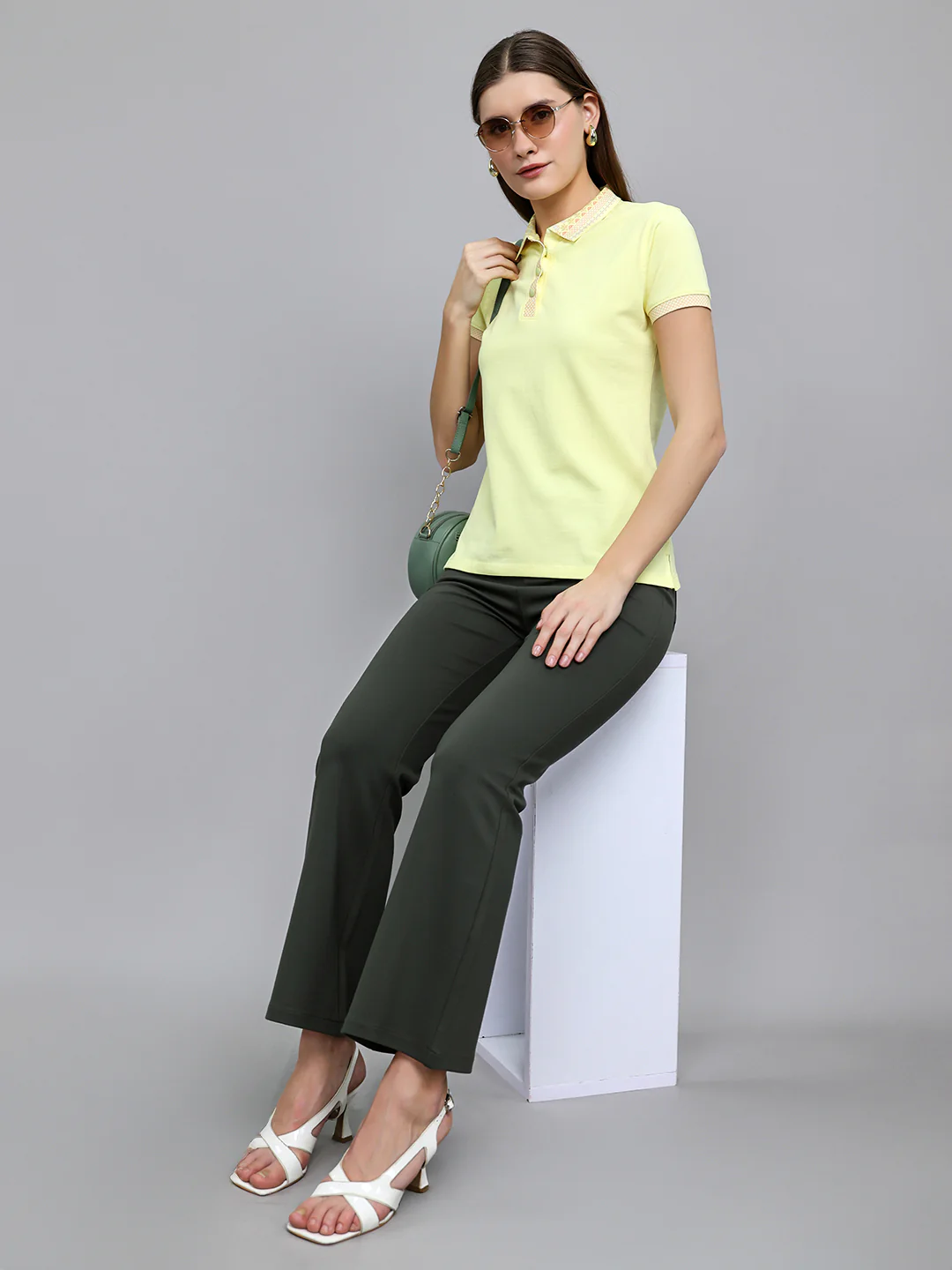 Women Yellow Solid Collar Half Sleeve T-Shirt - Image 6