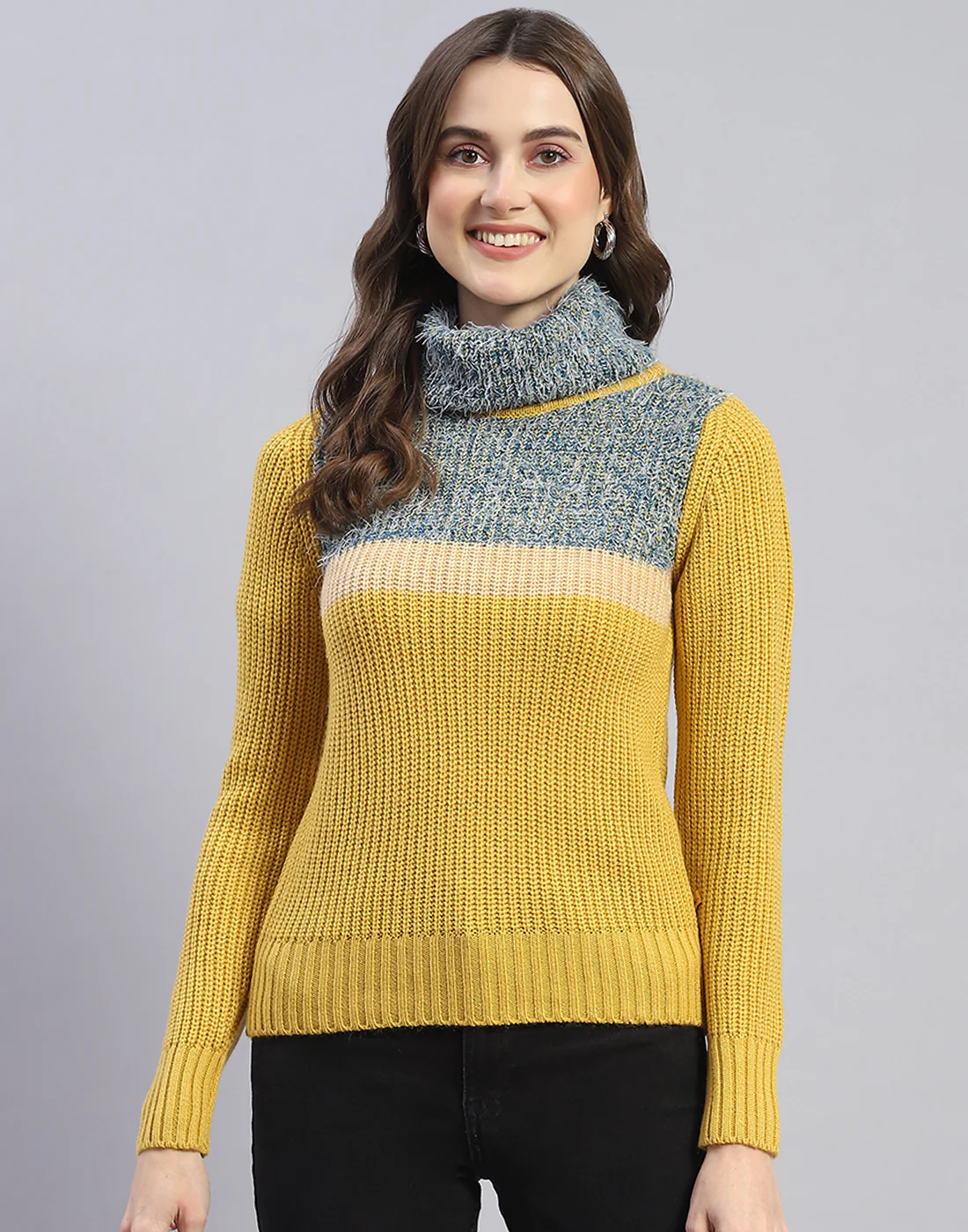 Women Yellow Solid H Neck Full Sleeve Sweater - Image 2