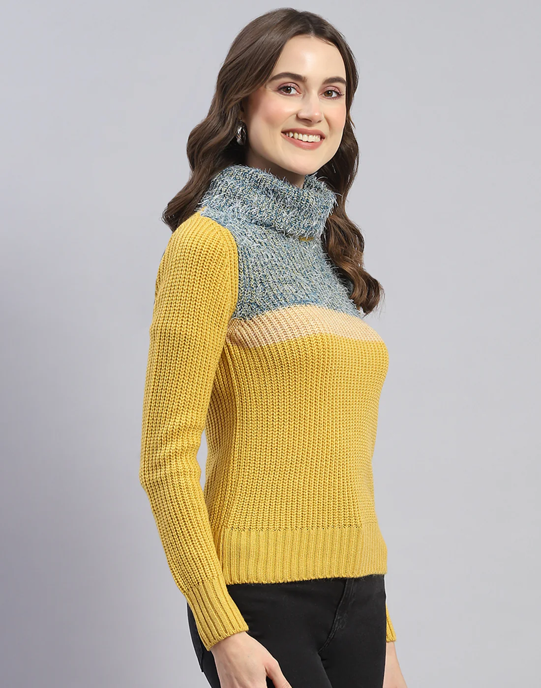 Women Yellow Solid H Neck Full Sleeve Sweater - Image 4