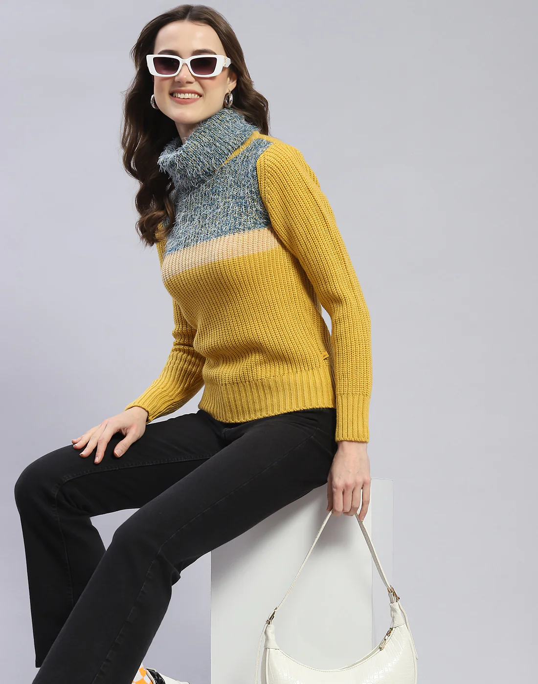 Women Yellow Solid H Neck Full Sleeve Sweater - Image 6