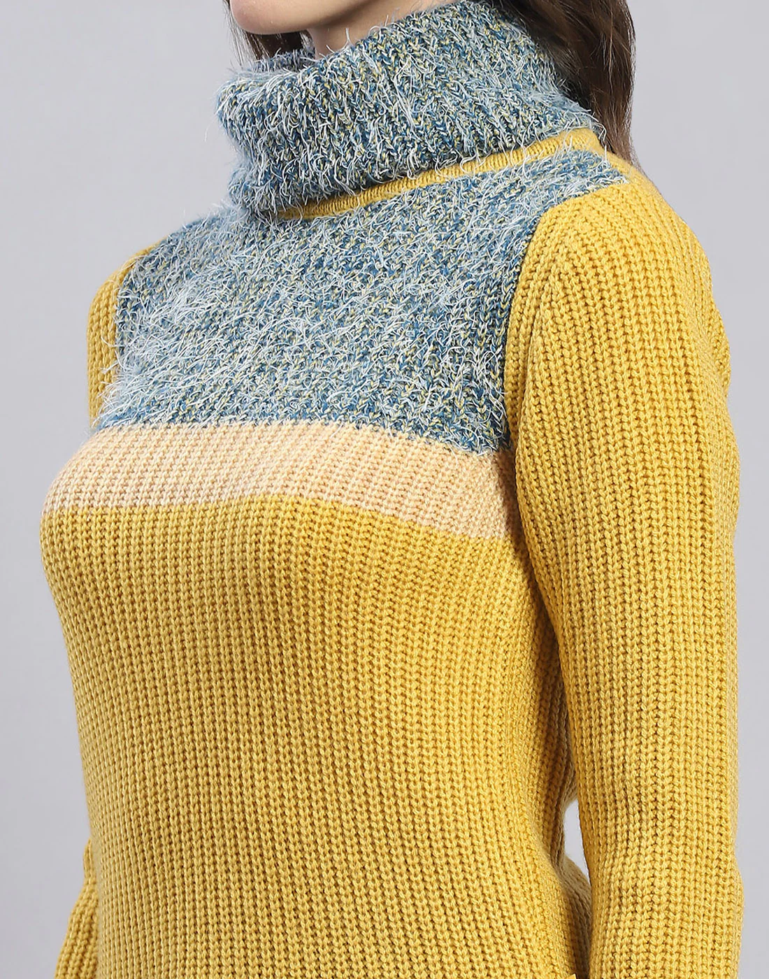 Women Yellow Solid H Neck Full Sleeve Sweater - Image 7