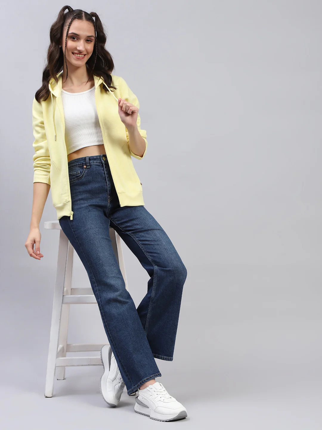 Women Yellow Solid Hooded Full Sleeve Sweatshirt - Image 2