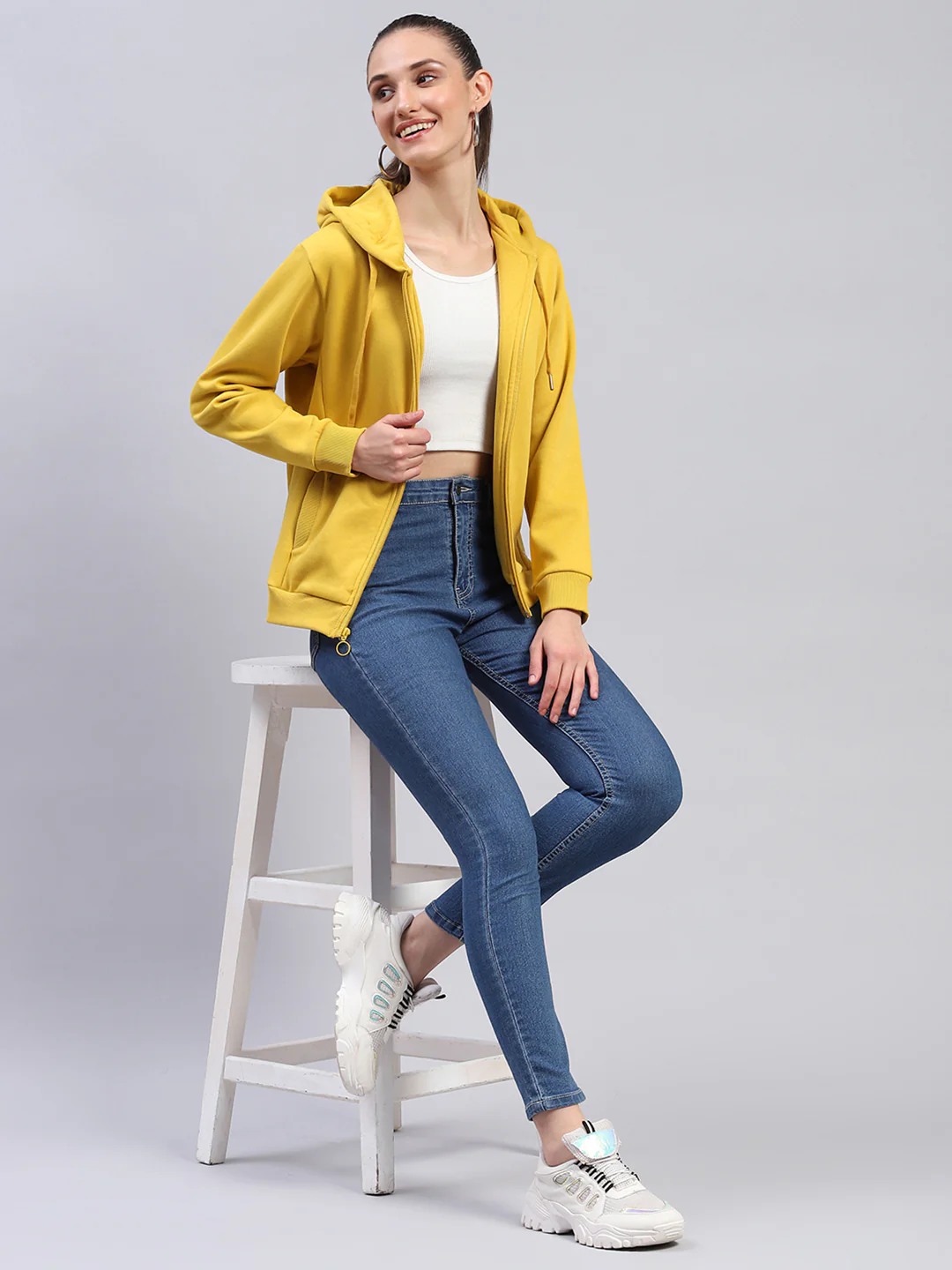 Women Yellow Solid Hooded Full Sleeve Sweatshirt - Image 2