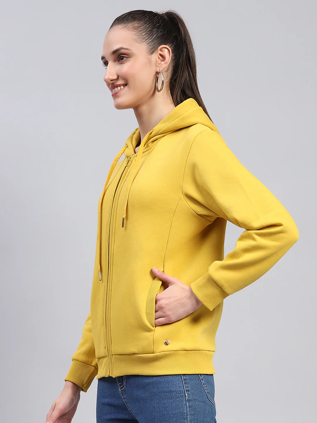 Women Yellow Solid Hooded Full Sleeve Sweatshirt - Image 3