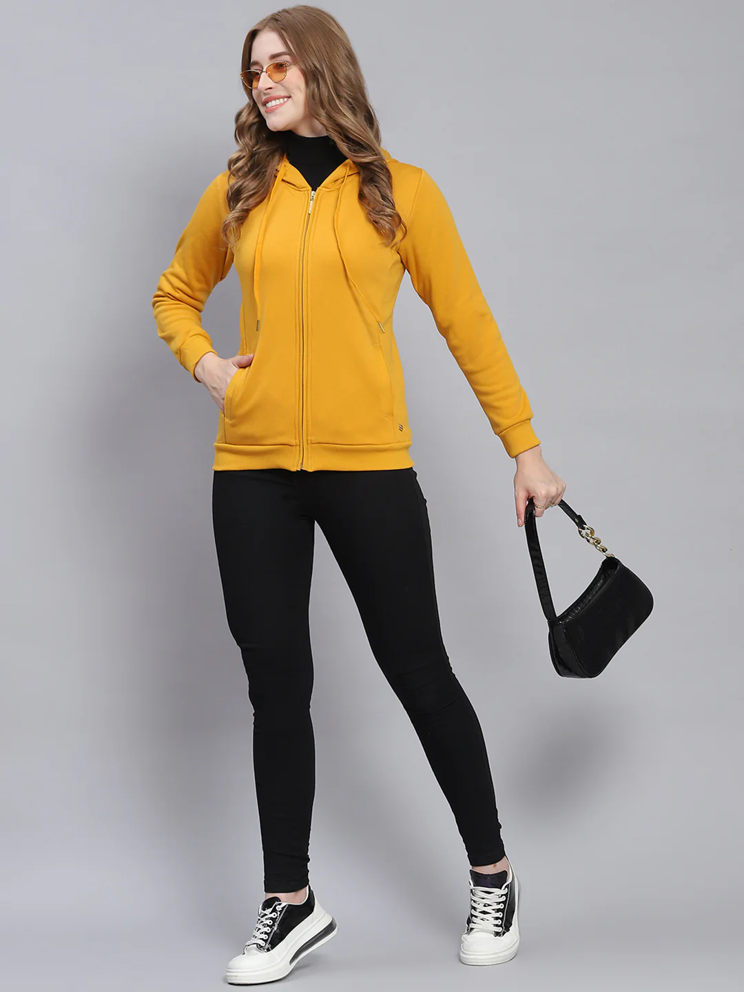 Women Yellow Solid Hooded Full Sleeve Sweatshirts - Image 2