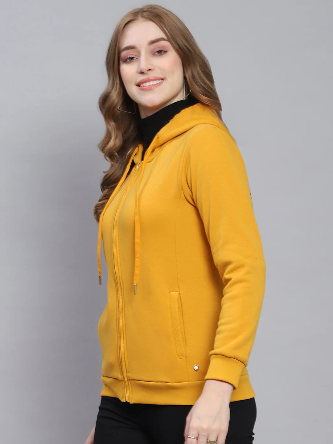 Women Yellow Solid Hooded Full Sleeve Sweatshirts - Image 3