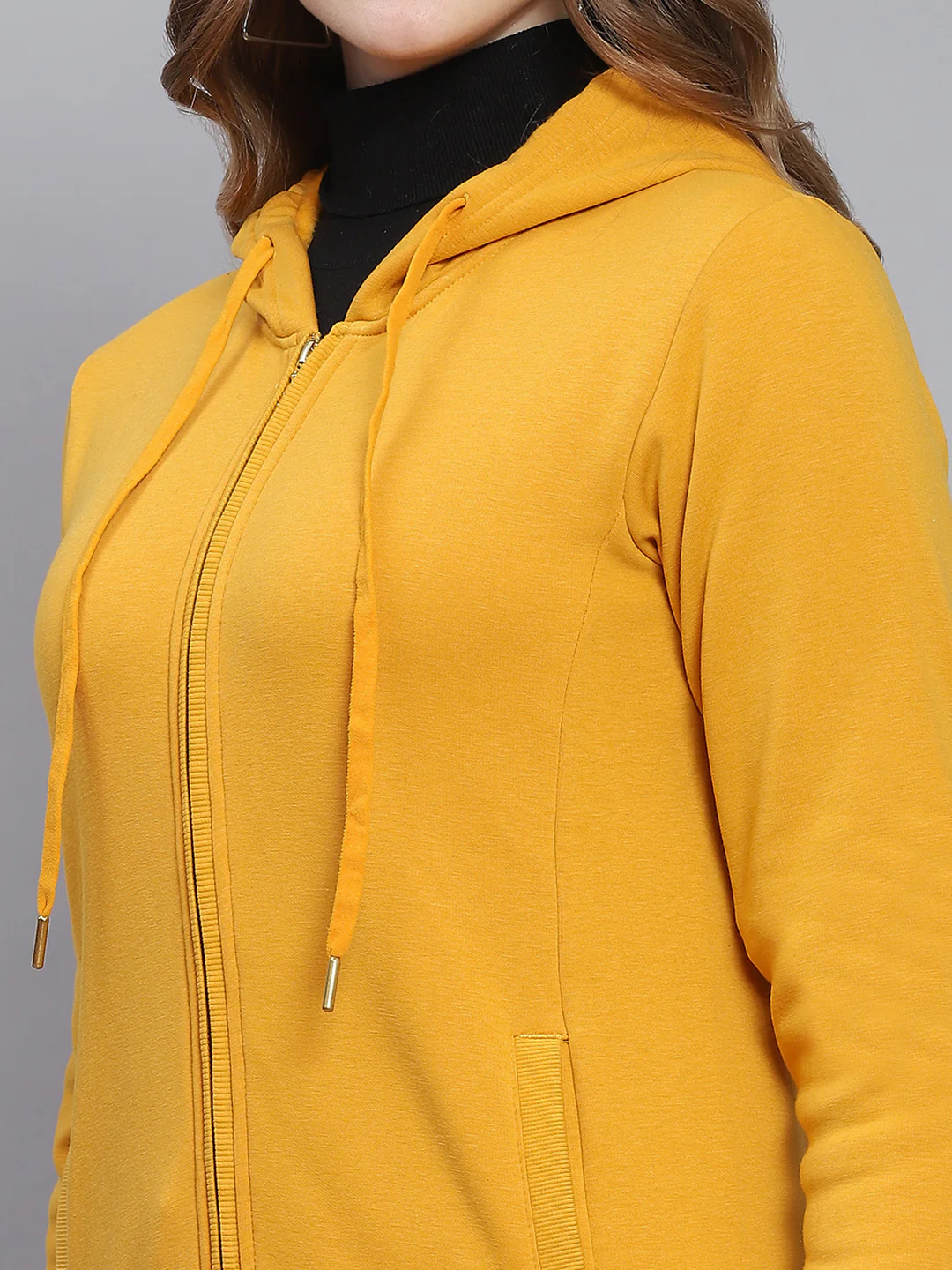 Women Yellow Solid Hooded Full Sleeve Sweatshirts - Image 6