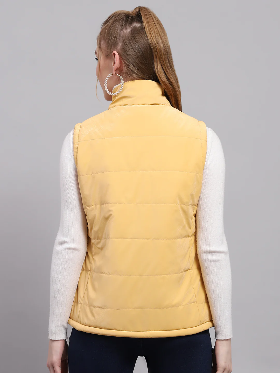 Women Yellow Solid Mock Neck Sleeveless Jacket - Image 5
