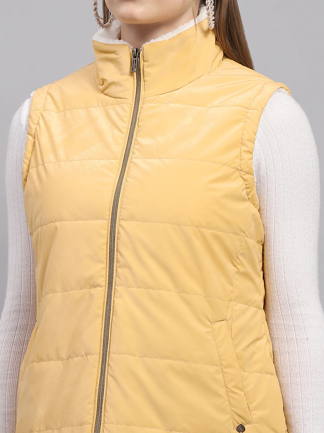Women Yellow Solid Mock Neck Sleeveless Jacket - Image 6