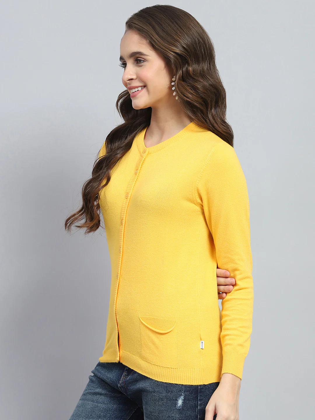 Women Yellow Solid Round Neck Full Sleeve Cardigan - Image 3