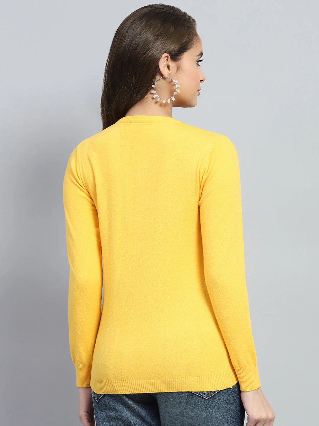 Women Yellow Solid Round Neck Full Sleeve Cardigan - Image 5