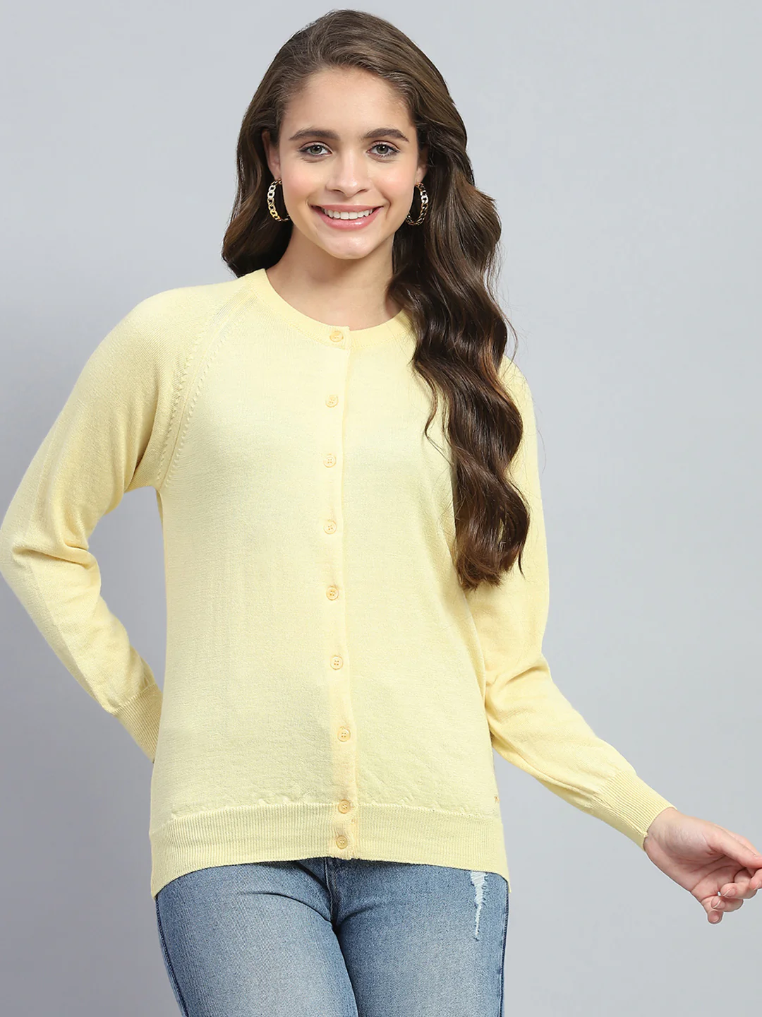 Women Yellow Solid Round Neck Full Sleeve Cardigan - Image 2