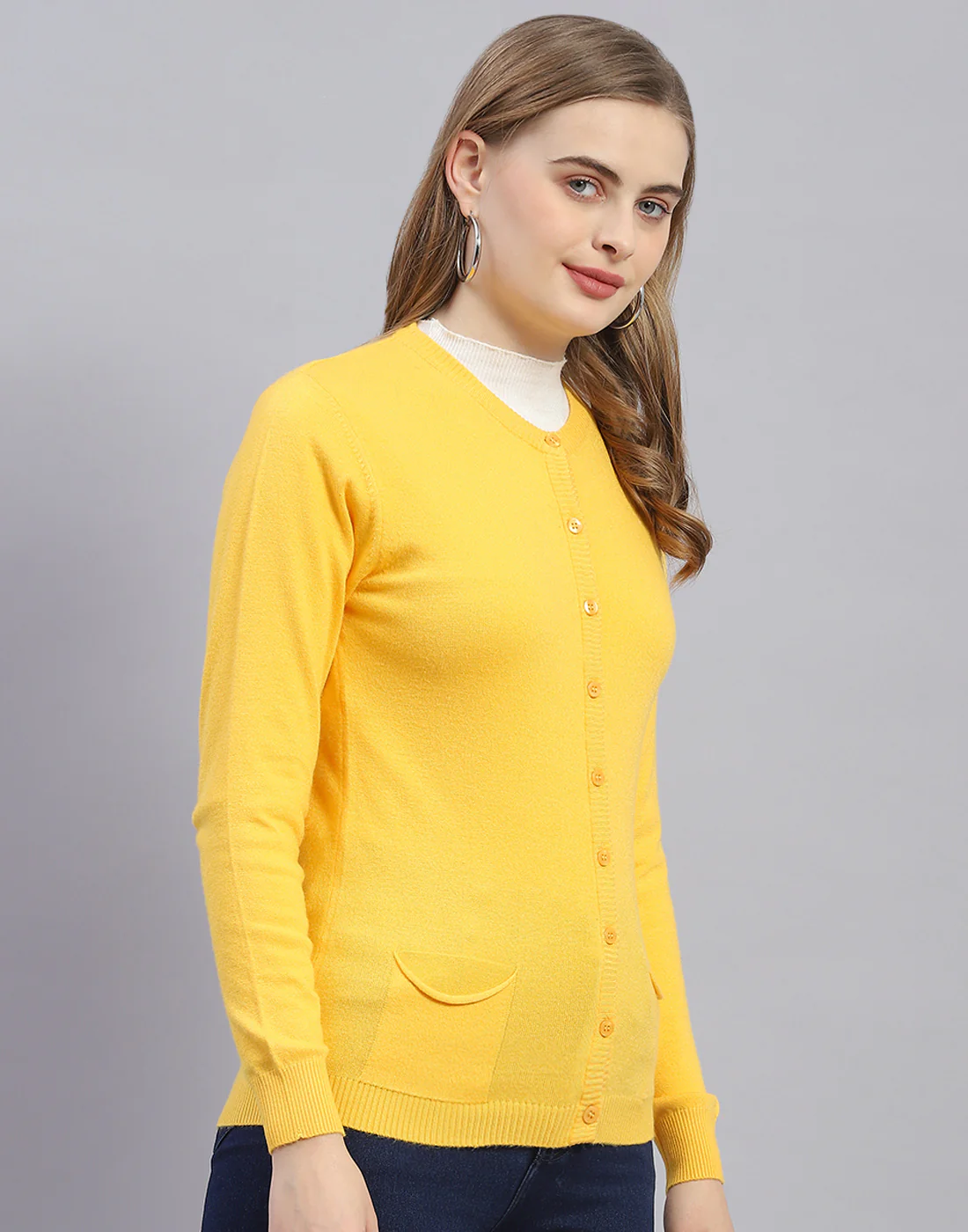 Women Yellow Solid Round Neck Full Sleeve Cardigan - Image 4