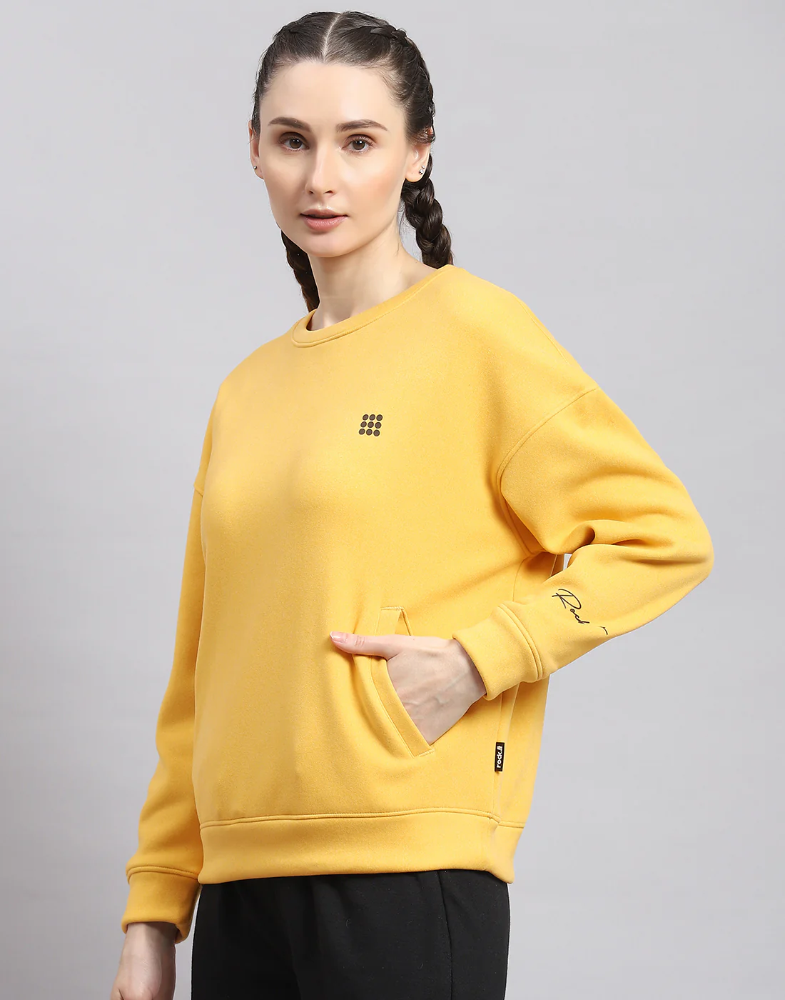 Rock.it Women Yellow Solid Round Neck Full Sleeve Sweatshirt - Image 3